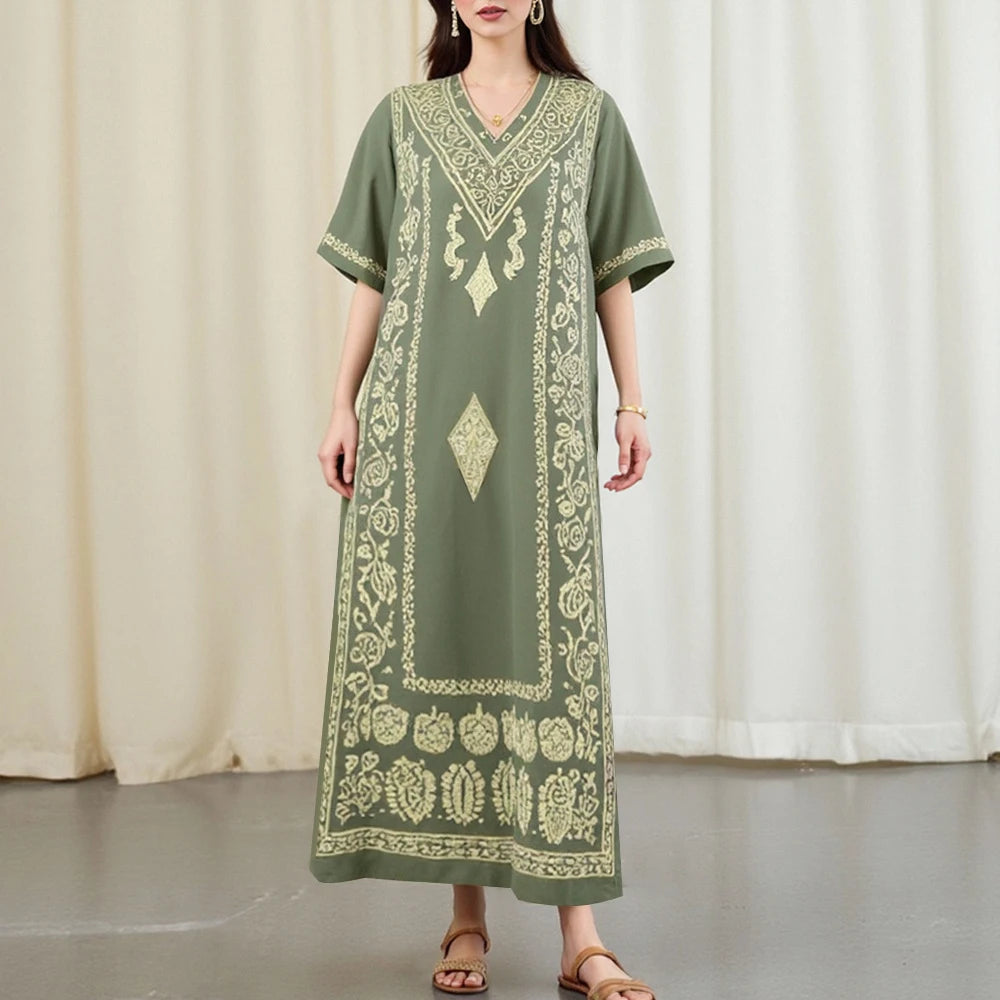 Rafiah Autumn Arabian Long Dress 2025 Classic Modest Graphic Printing Short Sleeve V-Neck Loose Fit Dress For Women