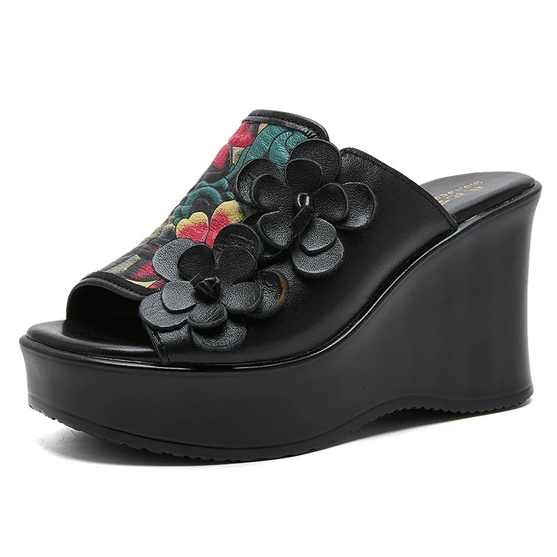Genuine Leather Women Flower High Heels Wedges Summer Platform Slippers