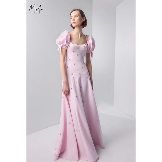 Mila Pink Sweetheart Neck Prom Dress Short Sleeve Backless Customized Luxurious Women Evening Dresses A-Line vestidos de fiesta