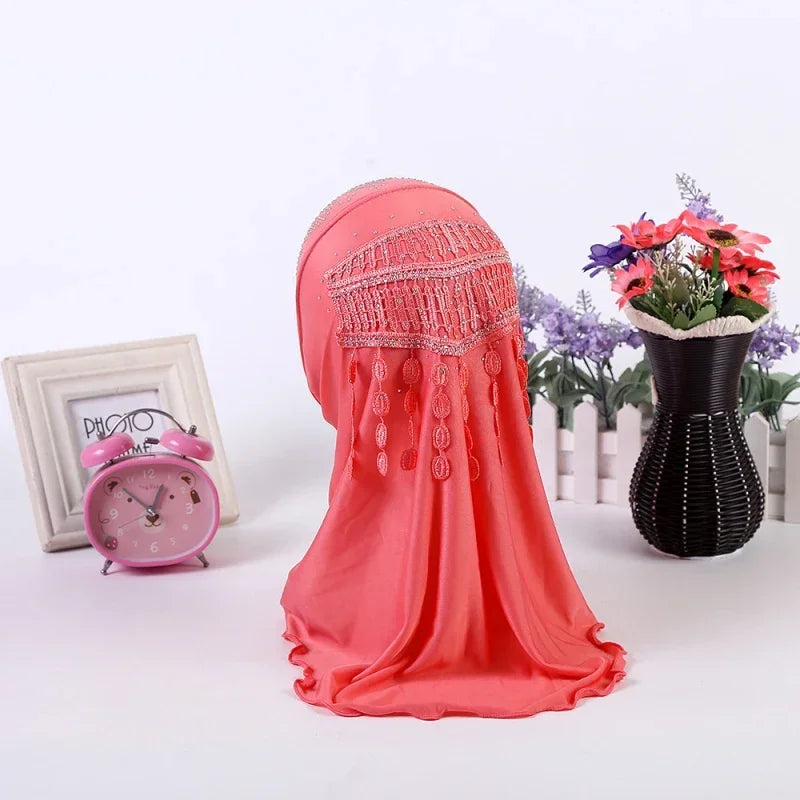 Amira-Muslim Girls Headwear with Diamond Tassel Islamic Prayer Headscarf Arab Soft Wrapped Scarf Plain Shawls Middle East