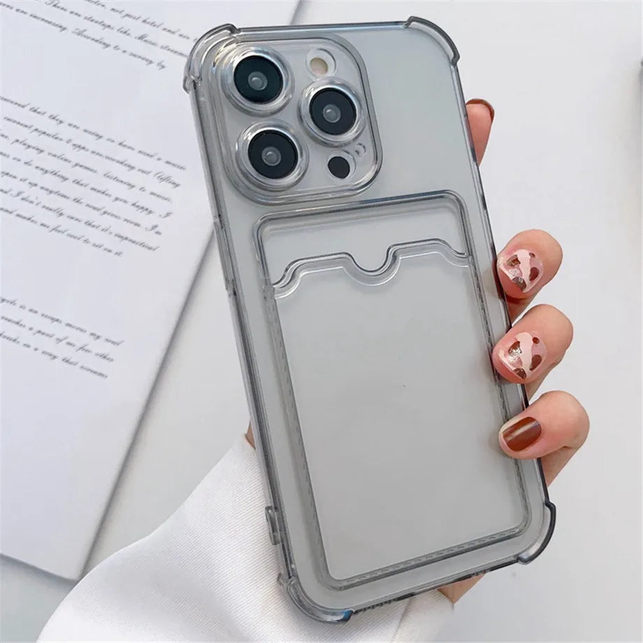 Wallet Card Holder Clear Soft Case For iPhone 11 13 12 14 15 16 Pro Max X XSMax XR 7 8 Plus SE 2022 Transparent Card Slots Cover