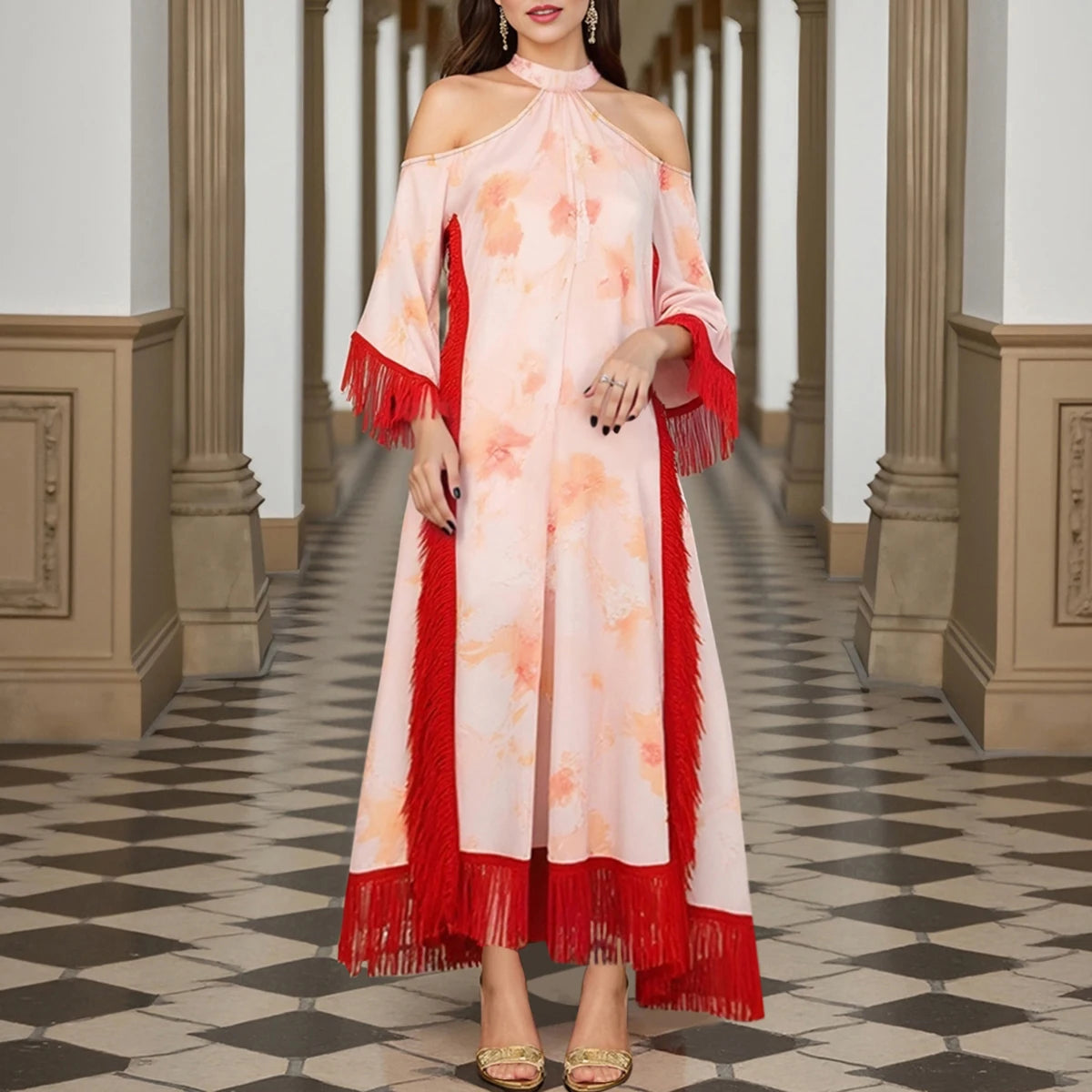 Rafiah Summer Dress 2025 Women's Elegant Full Print Tassel Long Sleeve Halter Neck Cut-Out A-Line Midi Dress