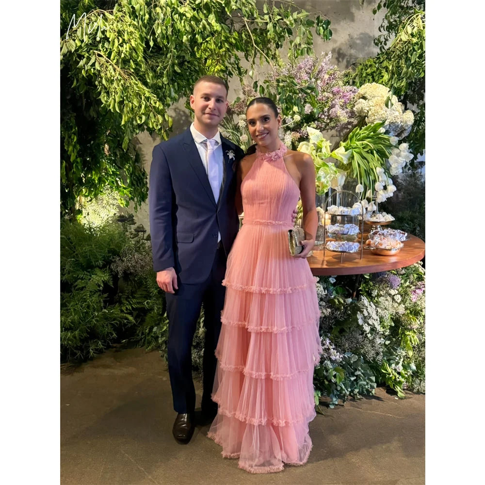 Mila Halter Neck Cascading Ruffle Prom Dresses 2025 Sleeveless Tulle Evening Dresses Floor-Length Customized Pink Party Dresses
