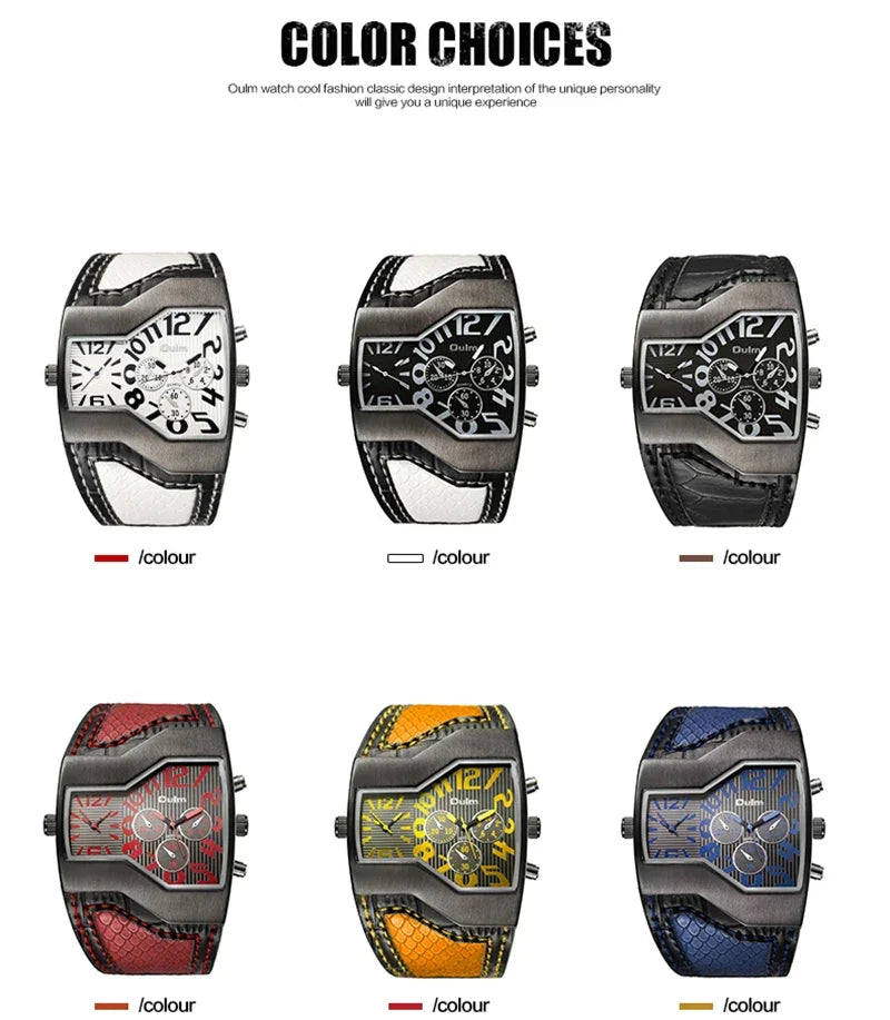Oulm 1220 Luxury Brand Watch Retro Design Male Sport Wristwatch Leather Strap Watches Men's Two Time Zone Big Dial Quartz Clock