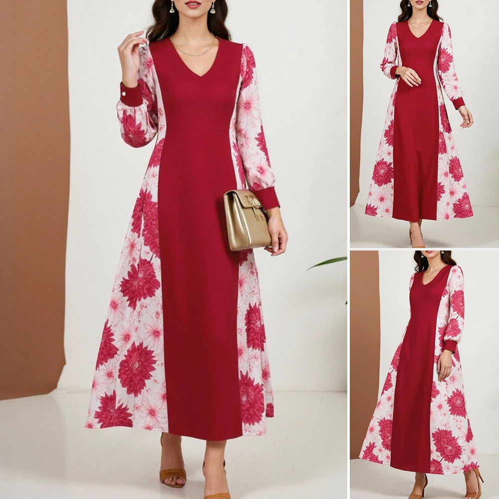 Rafiah Women's Summer Arabian Dress Loose Fit Floral Stitching Design Cuff Sleeve Sweetheart Neck Midi Casual Daily Dress