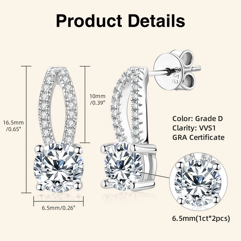 Lnngy pendientes plata 925 Sterling Silver Earring GRA Certified 6.5mm Moissanite Stud Earrings for Women Wedding Party Jewelry