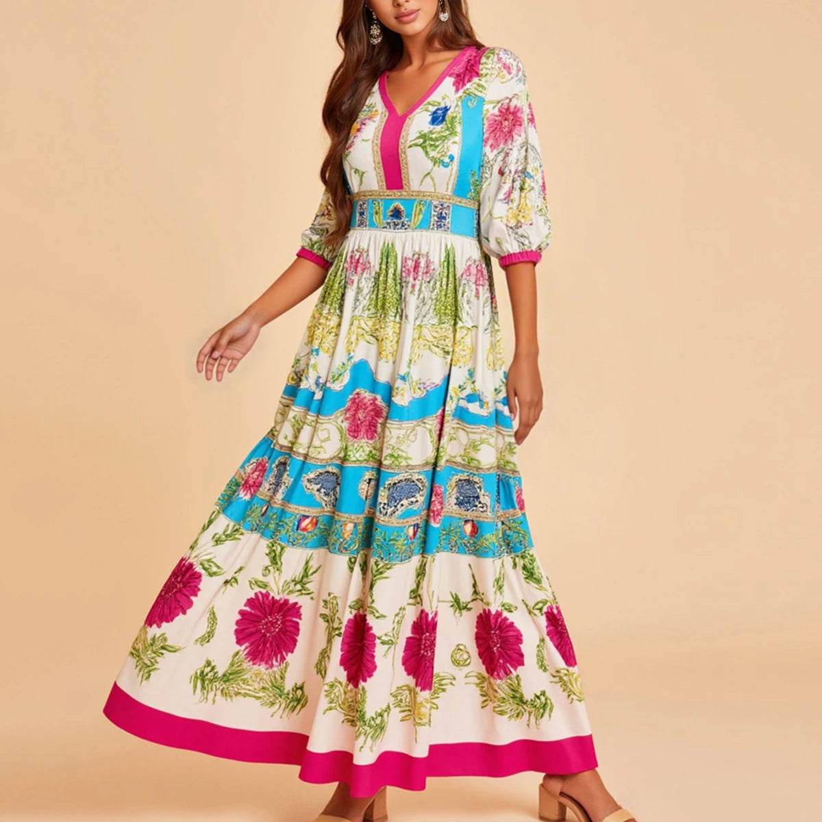 Rafiah Autumn Arabian Long Dress 2025 Casual Daily Floral V-Neck Lantern Sleeve High Neck
Midi A-Line Shift Dresses
For Women