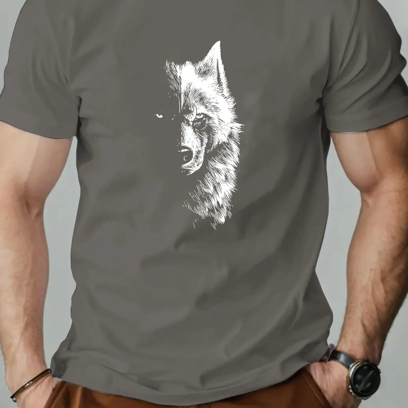 🐺 Men’s Summer 100% Cotton Casual T-Shirt,Half Wolf Pattern Print | Loose Fit | Round Neck | Breathable Comfort