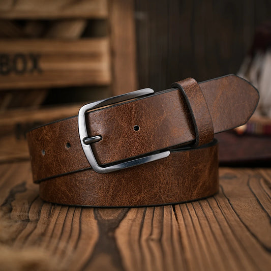 A men's and women's retro metal buckle casual style brown PU belt suitable for daily business attendance four seasons