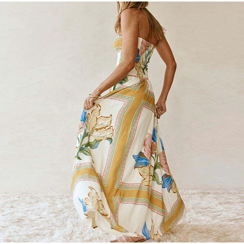 Strapless Floor Dress – Elastic High Waist Pleated -Summer  Edition