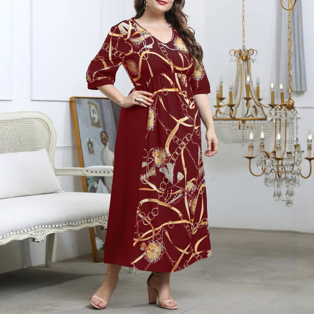 Plus Size Rafiah Women's Summer Long Dress 2025 Fashion V-Neck Half Sleeve A-Line Maxi Full Print Vacation Dress