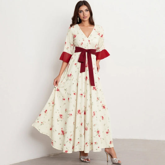 Rafiah Women's Dresses Summer Elegant 2025 Bowknot Glamorous Short Sleeve V-Neck A-Line Midi Vacation Long Dresses