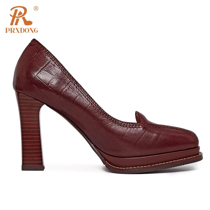 Women’s Genuine Leather Retro Platform High Heels – Black & Brown