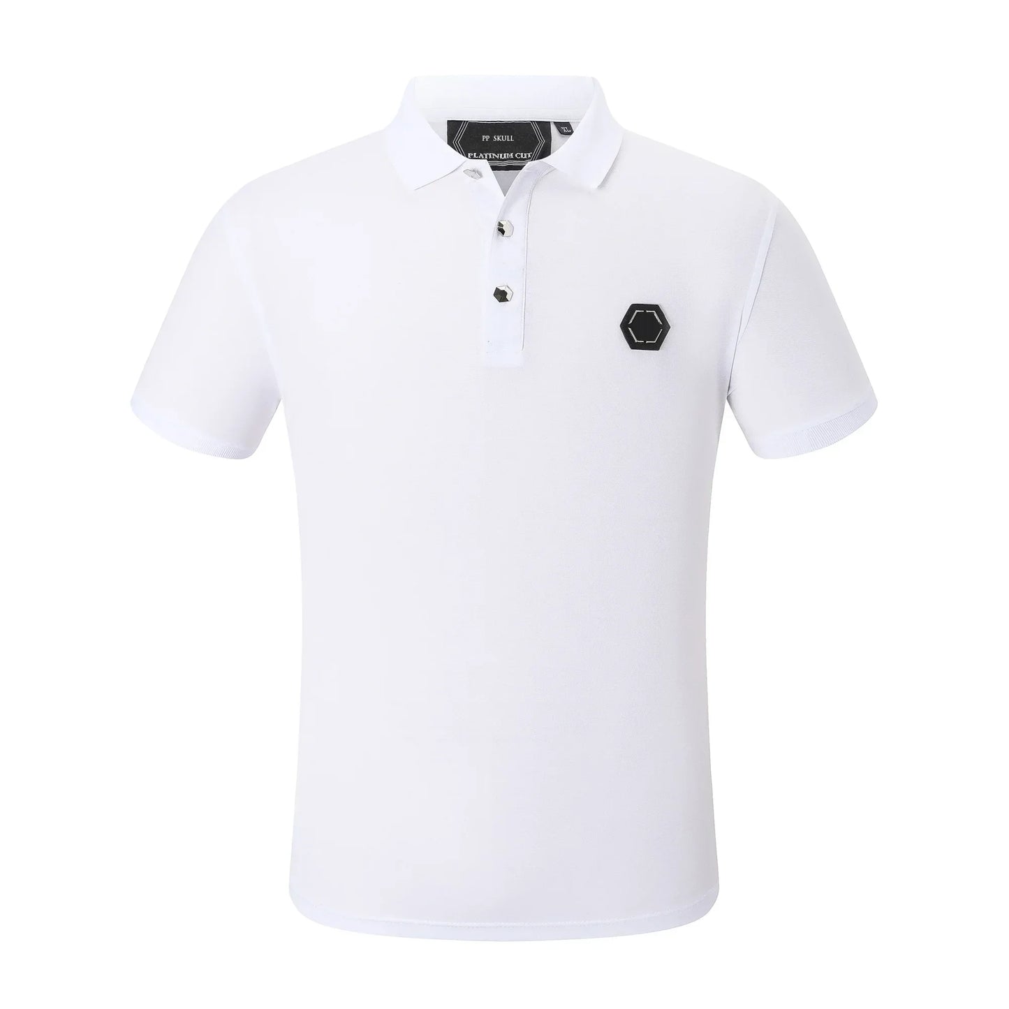 White polo shirt with a small logo on a white background