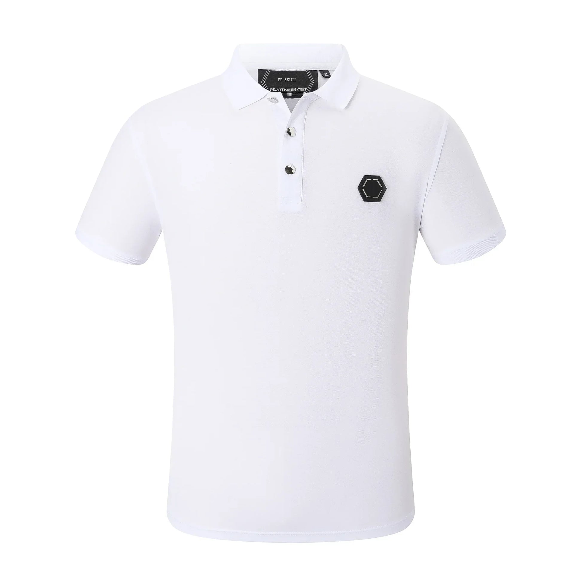 White polo shirt with a small logo on a white background