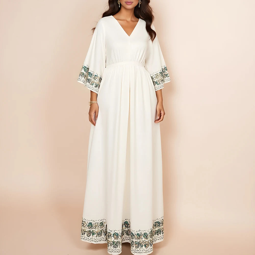 Rafiah Autumn Arabian Long Dress 2025 Decent Elegant Graphic Printing Long Sleeve V-Neck Midi Dresses Daily Dress For Women
