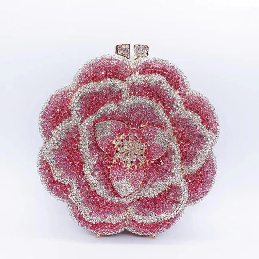 Rose Flower Pink/Green Rhinestones Evening Clutches Women Floral Yellow Crystal Evening Bags Bridal Wedding Party Clutch Purse