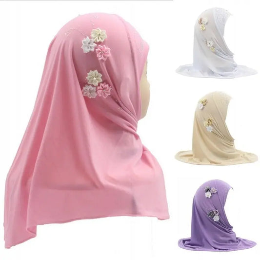 Islamic Turban for Children Arab Headwraps Arab Shawl Ramadan Eid Muslim Girls Diamonds Flowers Hijab Headband 2-6 Years