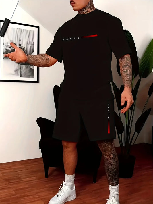 Men’s Summer Casual Two-Piece Set,Paris Letter Print | Oversized Loose Fit | T-Shirt + Shorts | Lightweight Comfort