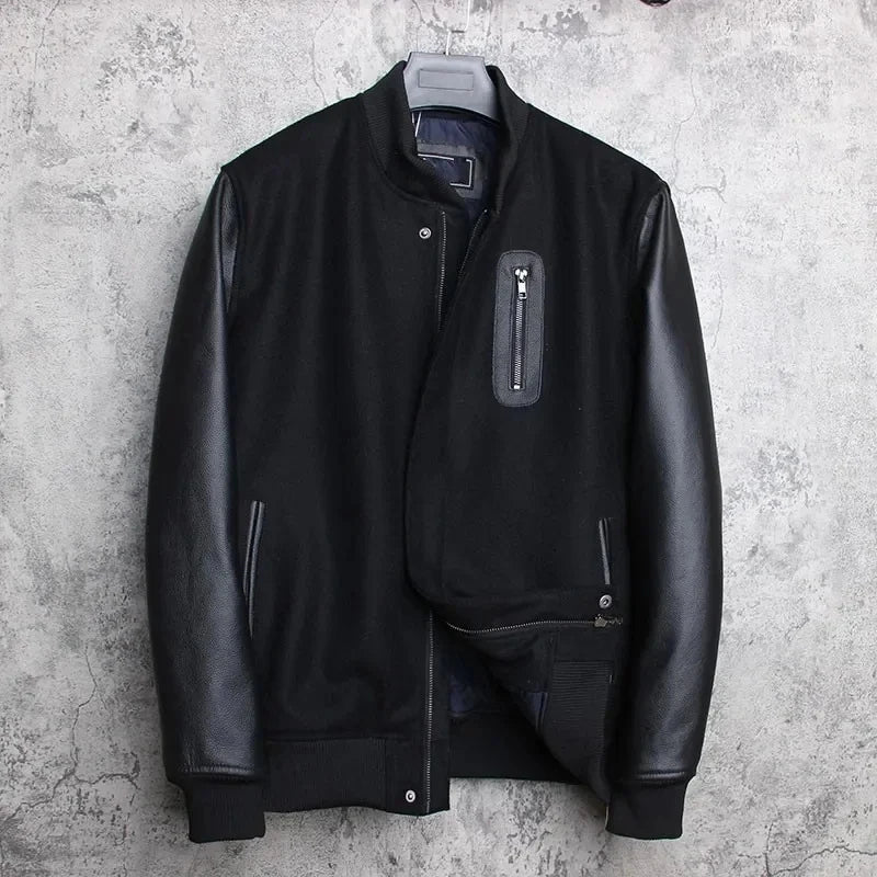 Men 100% Genuine Leather Jacket Woolen Patchwork Loose Stand Collar Jacket Street Zip Black Bomber Outerwear Plus Size 6XL
