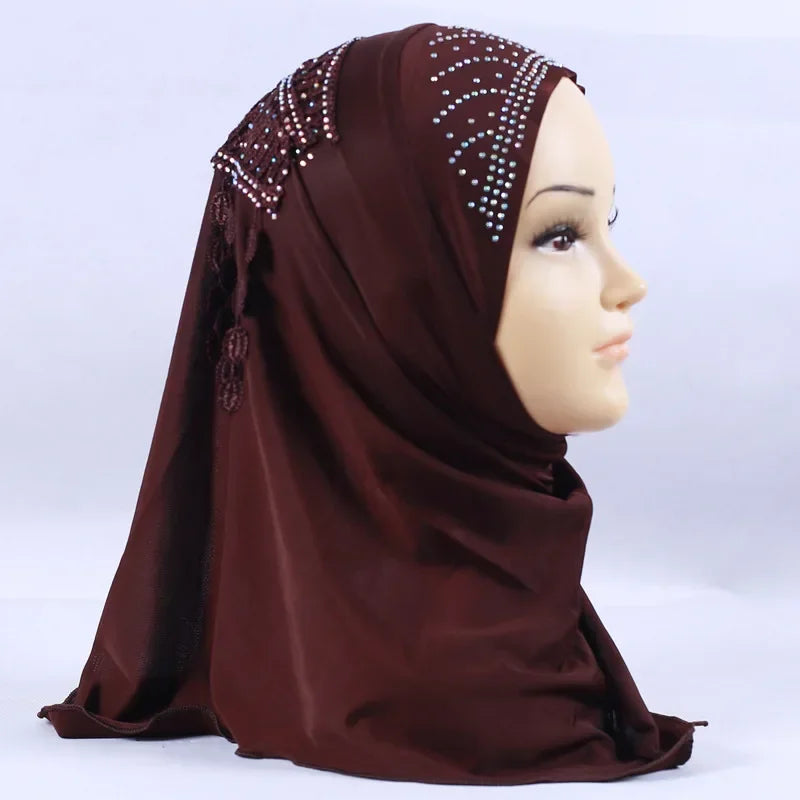 Amira-Muslim Girls Headwear with Diamond Tassel Islamic Prayer Headscarf Arab Soft Wrapped Scarf Plain Shawls Middle East