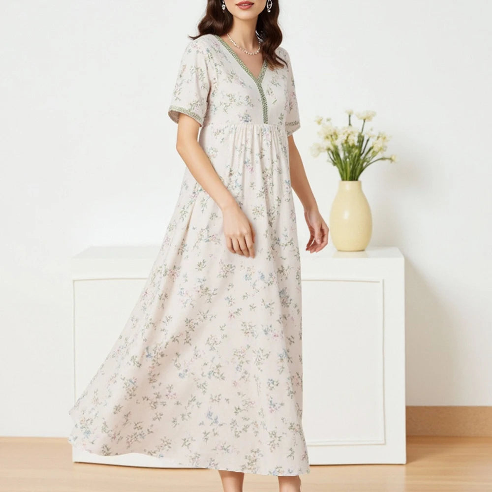 Rafiah Autumn Arabian Long Dress 2025 Casual Daily Ditsy Floral Short Sleeve V-Neck A-Line Dress For Women