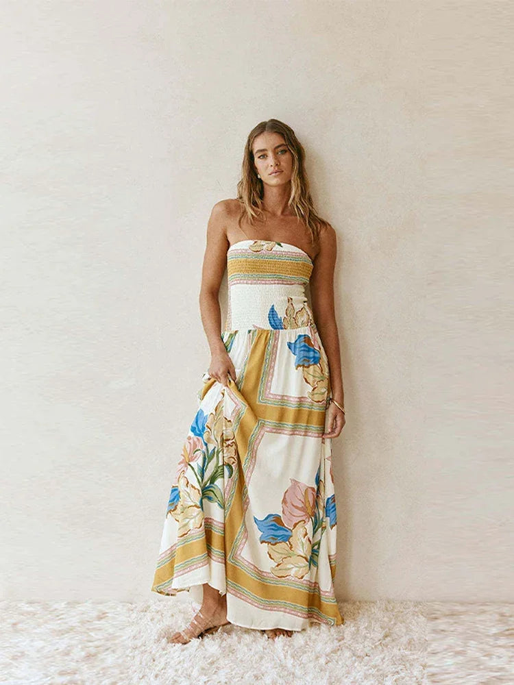 Strapless Floor Dress – Elastic High Waist Pleated -Summer  Edition