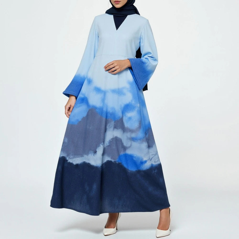 Rafiah Autumn Arabian Long Dress 2025 Chic Casual Gradient Long Sleeve V-Neck Midi A-Line Shift Dresses For Women