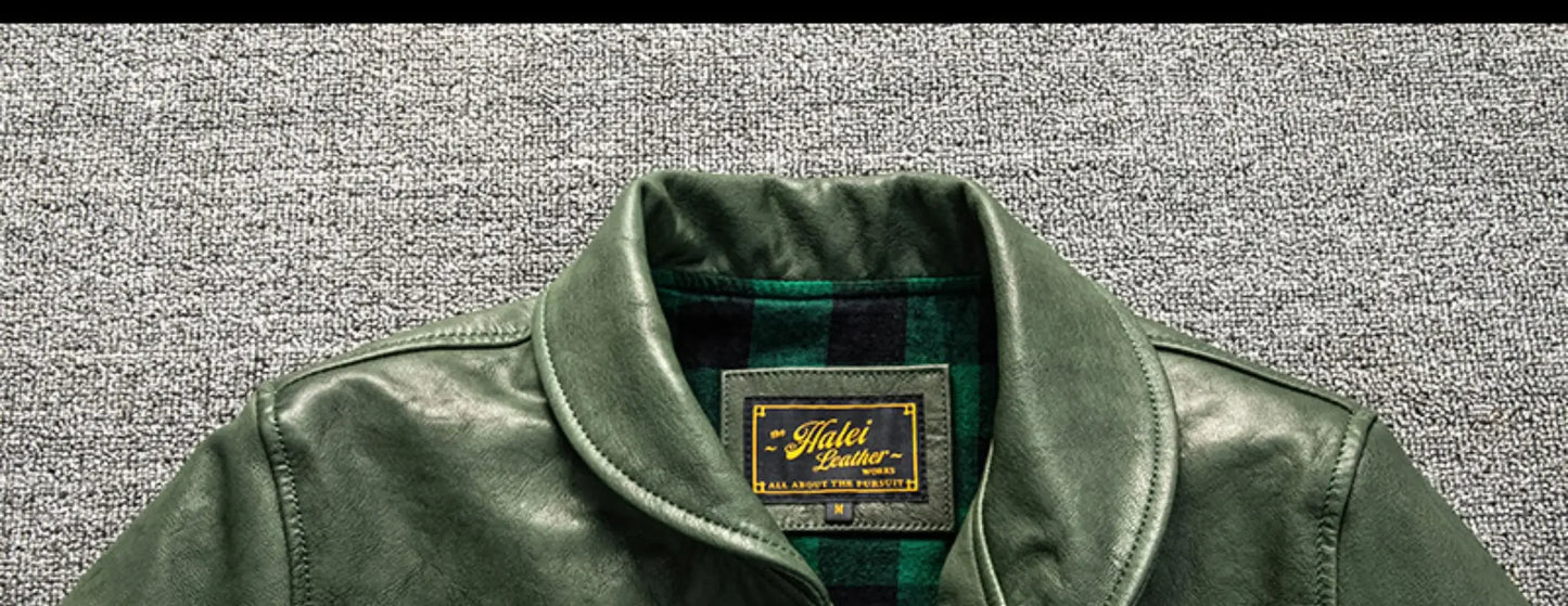 Cossack Green Fruit Leading Layer Mixed Sheepskin Leather Jacket Men's Slim Fit Leather Jacket Autumn and Winter Coat