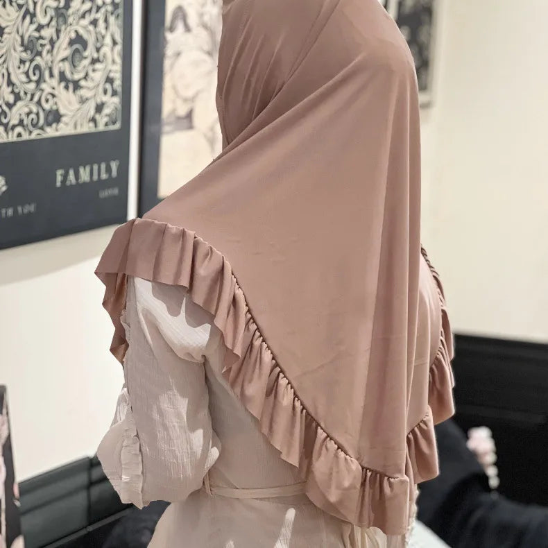 Muslim Hijab for Women Ruffle Turban Islamic Headwraps Arab Headband Big Khimar One Piece Scarf Shawl Solid Color
