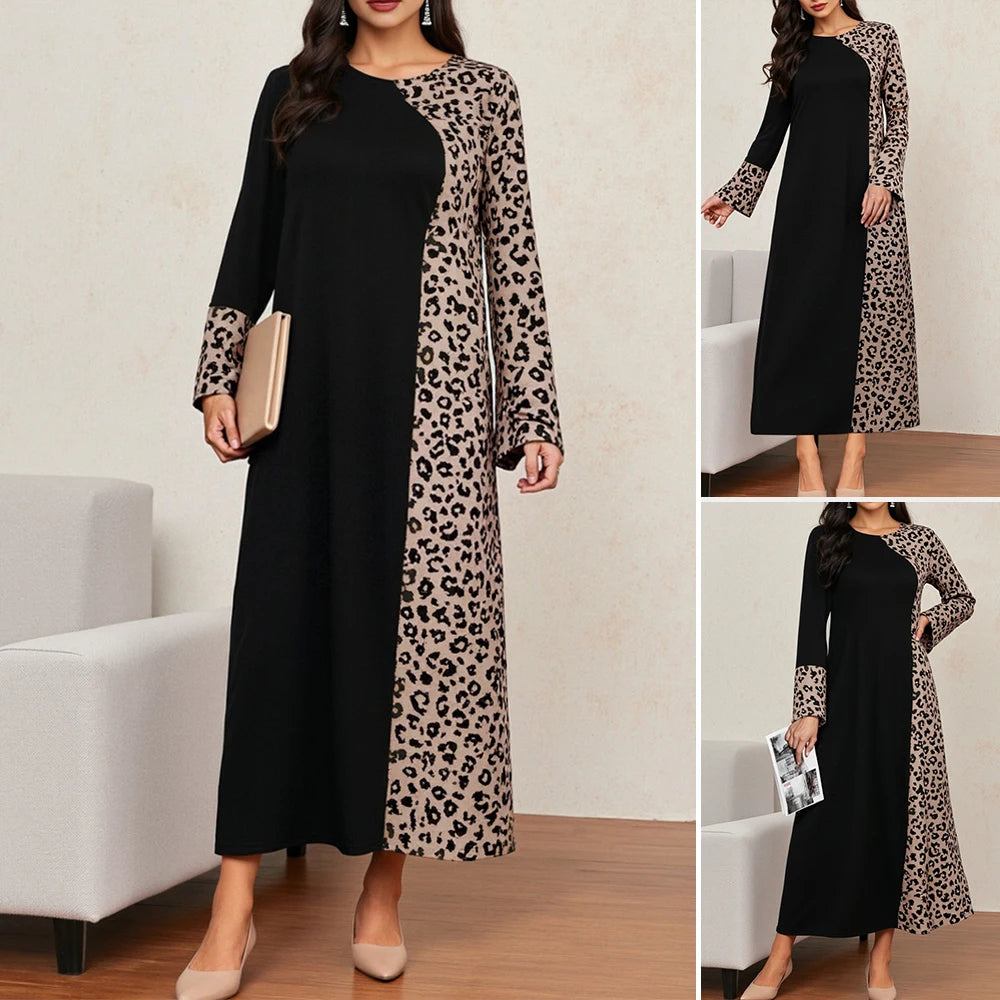 Rafiah Summer Long Dresses 2025 Modest Fashion Leopard Print Patchwork Long Sleeve Crew Neck Midi Shift Dresses For Women