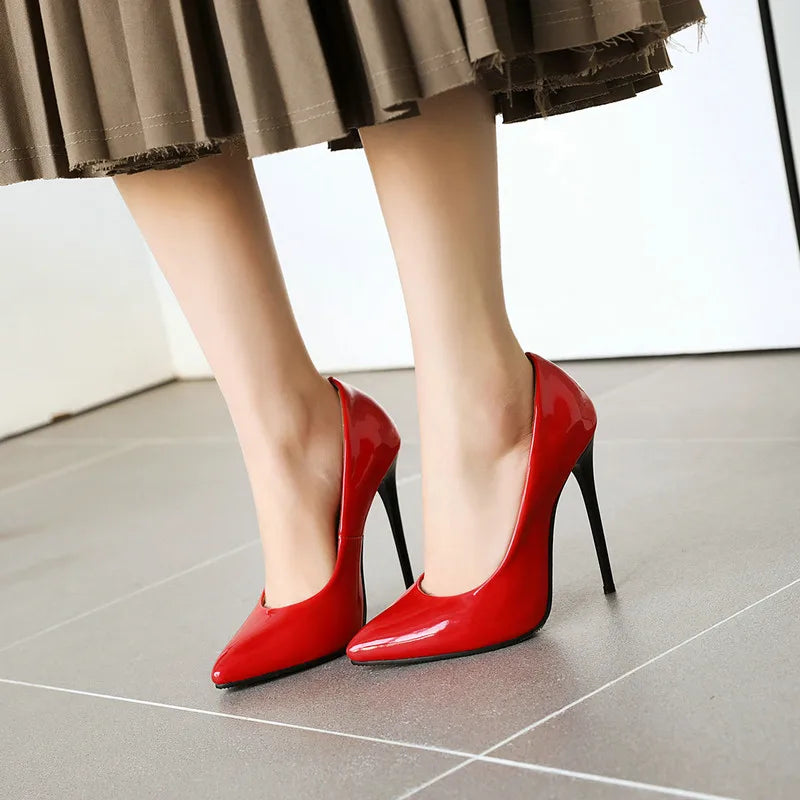 Women’s Pumps Classic Sexy Thin High Heels 12cm Patent Leather Stiletto Pointed Toe Party Elegant Office Shoes Big Size 34-48