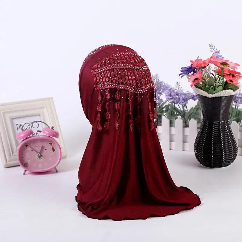Amira-Muslim Girls Headwear with Diamond Tassel Islamic Prayer Headscarf Arab Soft Wrapped Scarf Plain Shawls Middle East