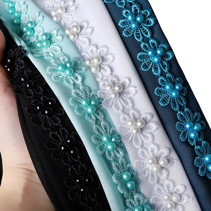 Muslim Hijab Plain Bubble Chiffon Long Scarf for Women Beading Lace Headscarf Arab Shawls African Hair Cover Wraps New Fashion