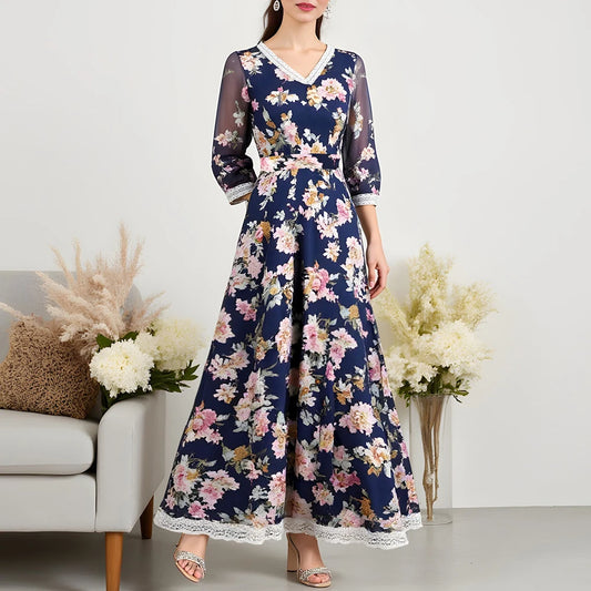 Rafiah Summer Dress 2025 Floral Women's Cottagecore V-Neck Long Sleeve A-Line Maxi Dating Arabian Dress