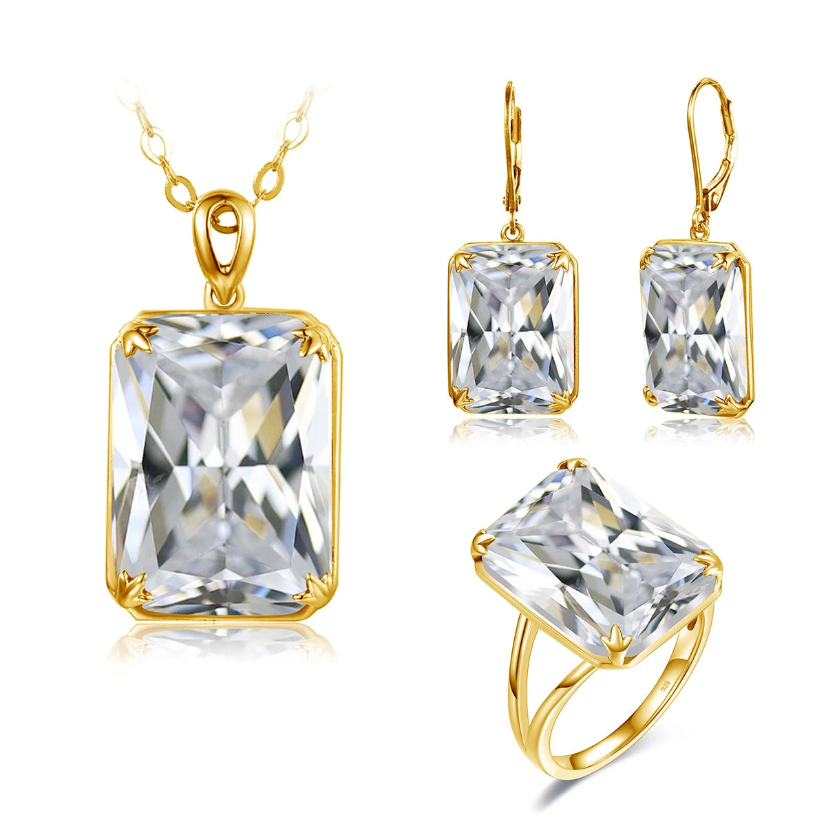 Classic Jewelry Sets for Women 18K Gold Plated Aquamarine Ring Earrings Pendant Silver 925 Anniversary Wedding Quality Gifts