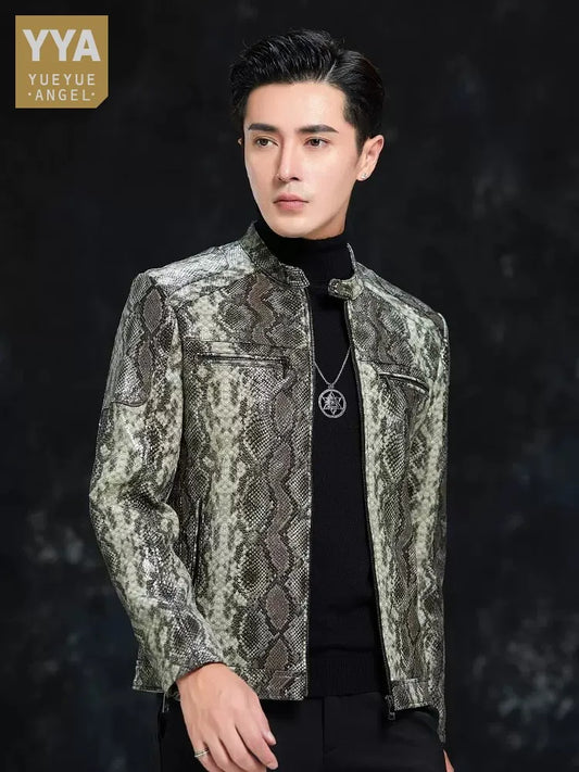 Men’s Python Pattern Sheepskin Leather Jacket – Slim Fit Stand Collar Moto Biker Coat