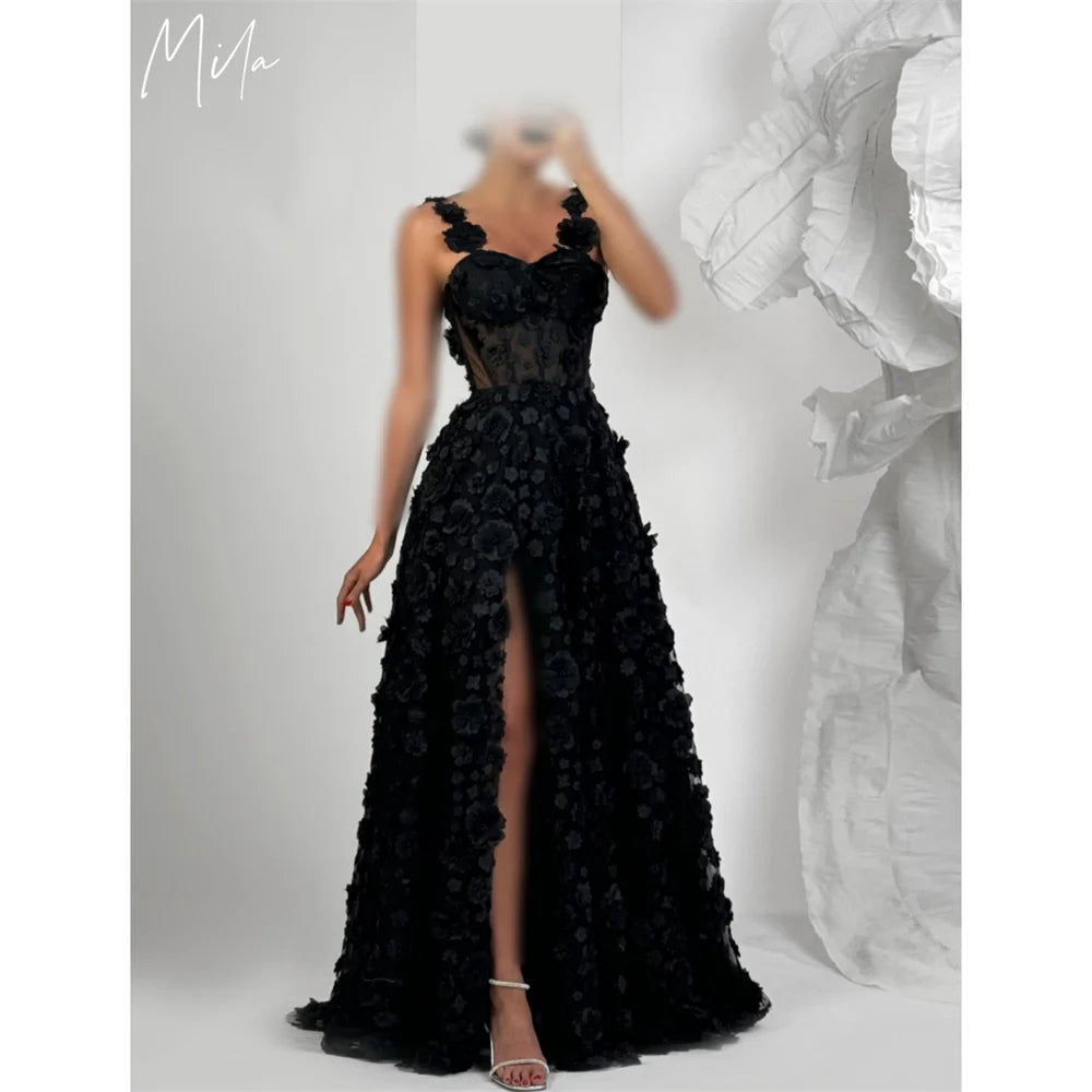 Mila Flower Shoulder Appliques Prom Dresses 2025 Sleeveless Evening Dresses Elegant Side High Split Customized Party Dresses