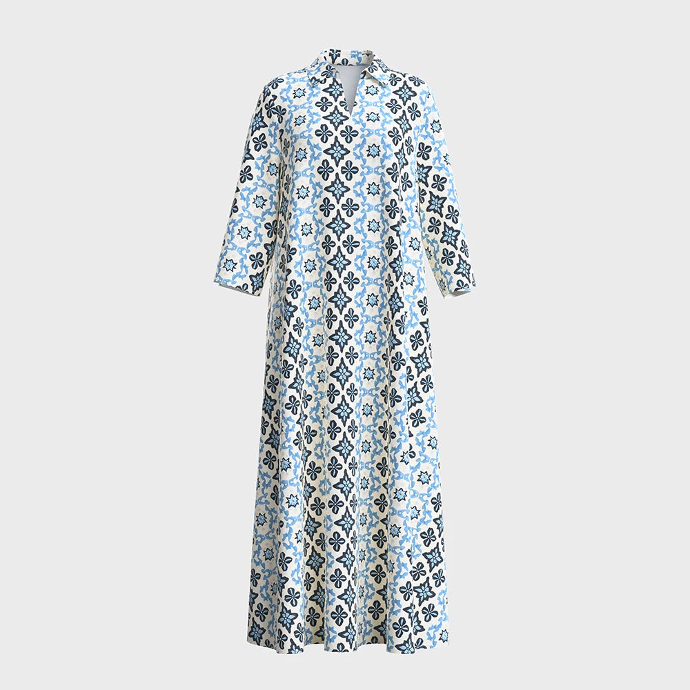 Plus Size Rafiah Women's Summer Arabian Dress 2025 Geometric Print Contrast Color Long Sleeve Half Open Collar Long Dress