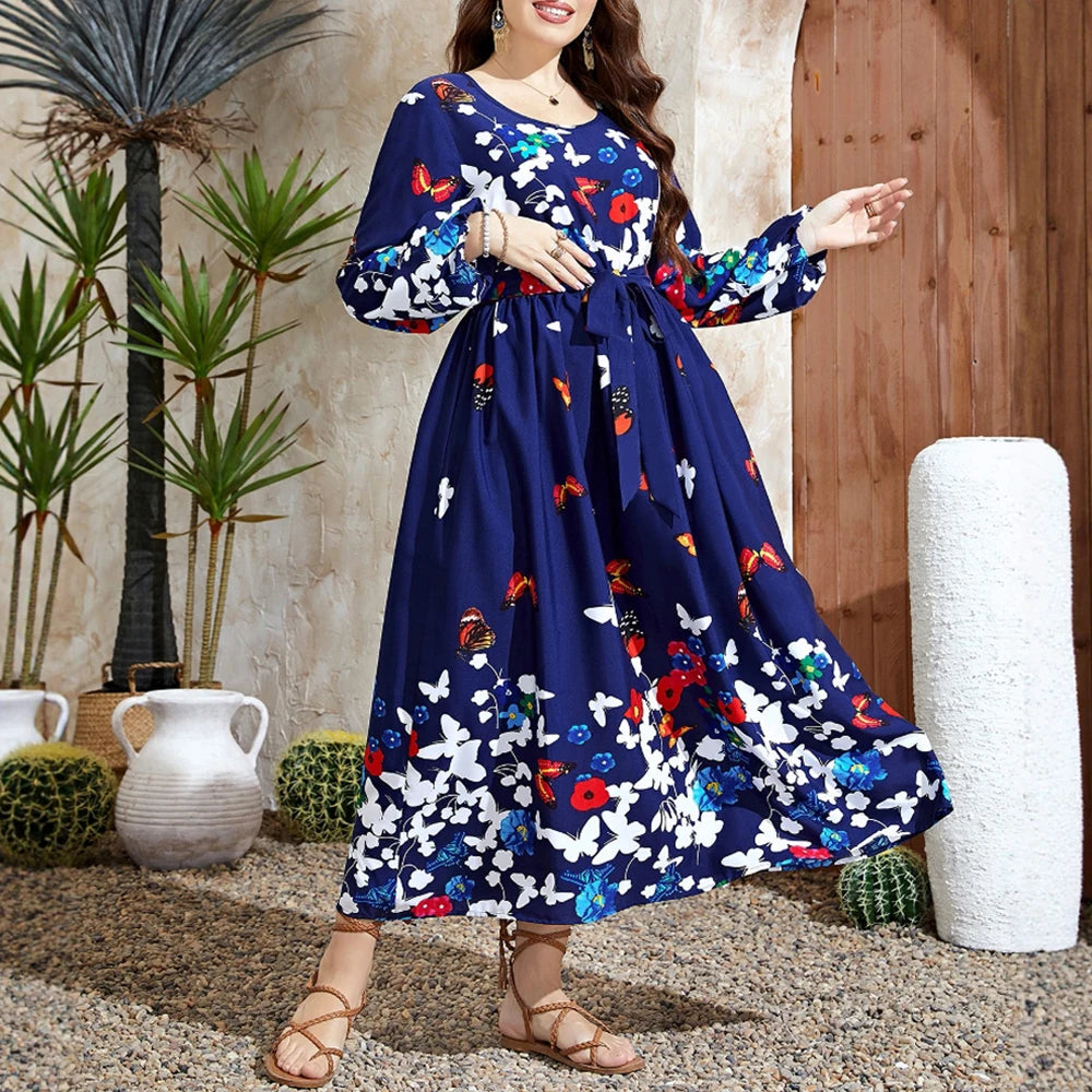 Plus Size Rafiah Women's Summer Long Dress 2025 Elegant Round-Neck Long Sleeve A-Line Maxi Butterfly Print Dating Dress
