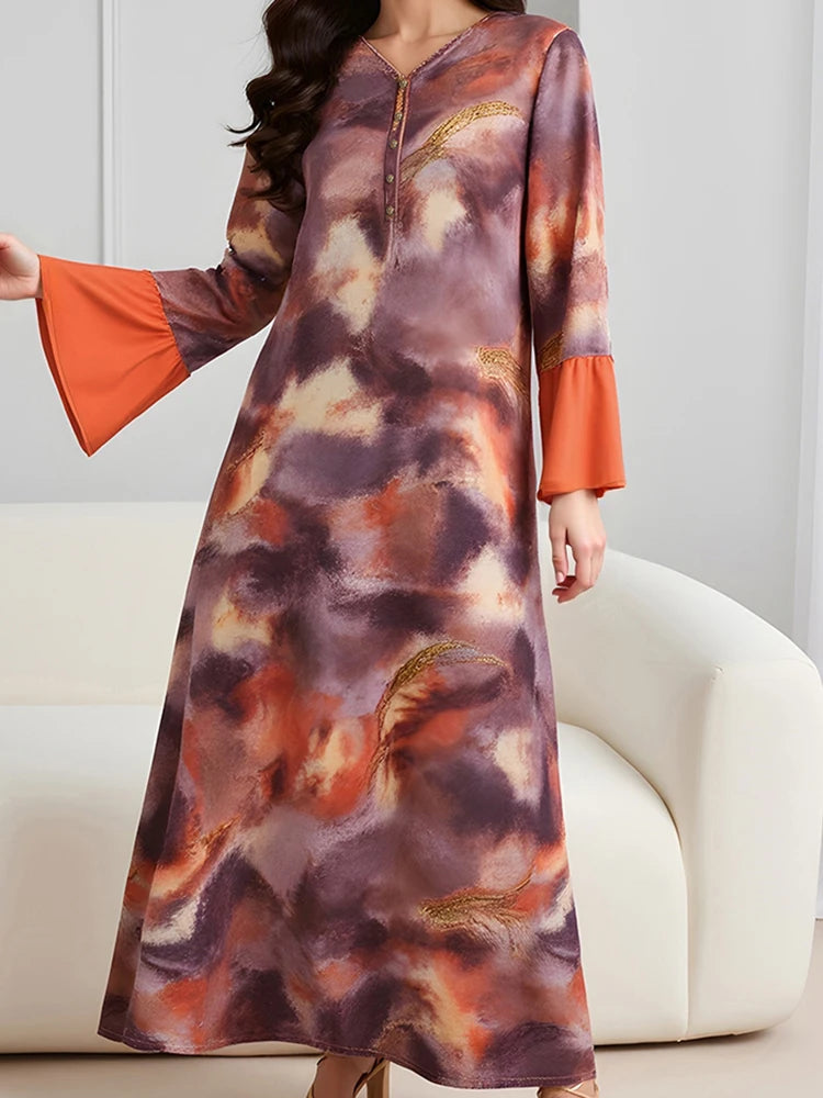 Rafiah Dress Spring Summer Elegant Modest Fashion Tie Dye Long Sleeve V-Neck Maxi Evening Dresses