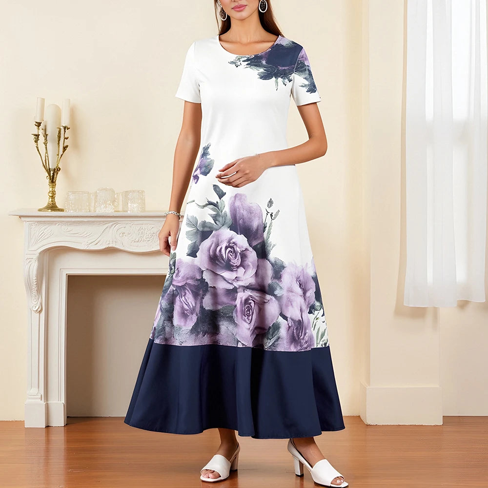 Rafiah Summer Women's Arabian Dress 2025 Traditional Elegant Patchwork Floral Print Short Sleeve Round-Neck Ruffle Hem Dresses