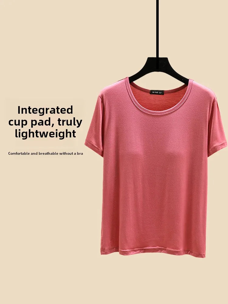 Loose Modal T-irt Women's Spring Summer round Ne ort Sve Built-In Bra Large Size Base irt Casual Sle Summer Top