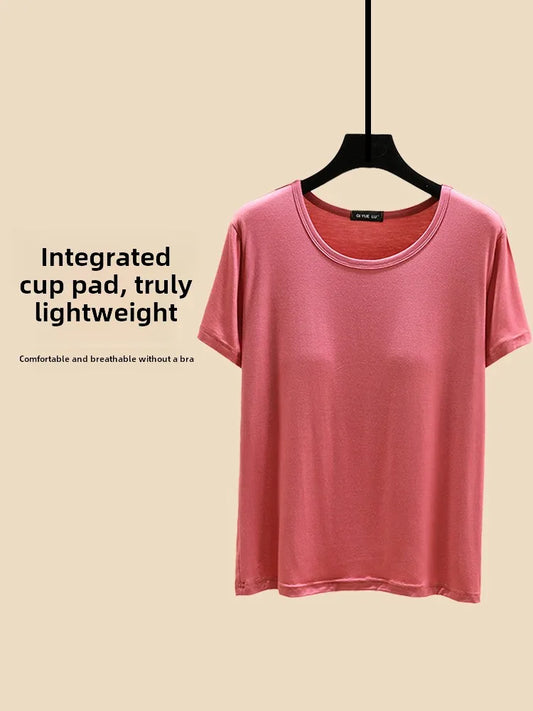 Loose Modal T-irt Women's Spring Summer round Ne ort Sve Built-In Bra Large Size Base irt Casual Sle Summer Top