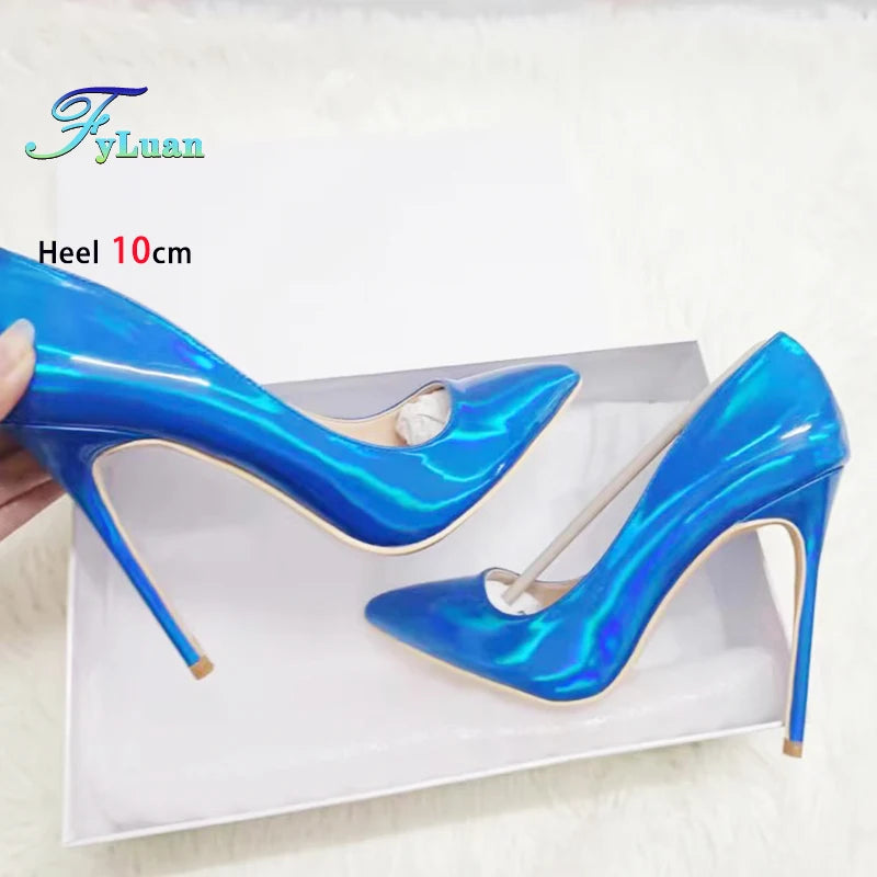 2025 New Party Banquet High Heels For Women Temperament Single Shoes 10CM 12CM Fashion Pointed Laser Holographic Summer Pumps