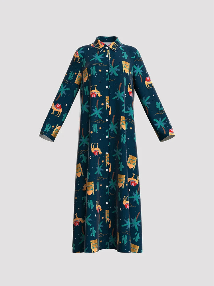 Rafiah Women's Dresses Summer Comfortable Elegant 2025 Cartoon Long Sleeve Shirt Collar A-Line Midi Vacation Long Dresses