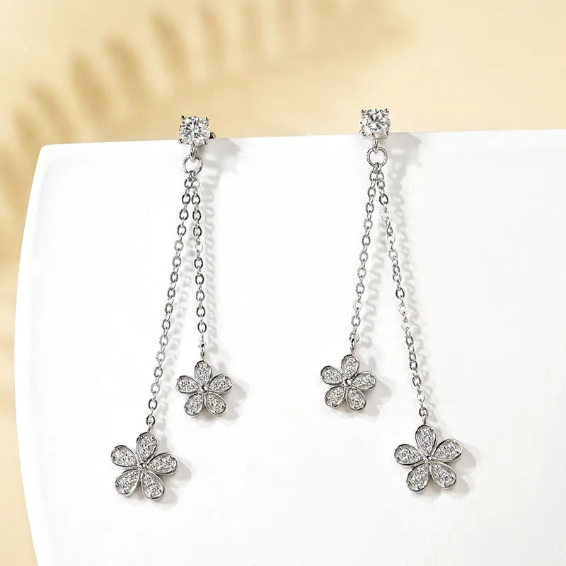 Lnngy Certified D0.30CT Moissanite Flower Earring With GRA Genuine 925 Sterling Silver Tassel Earring For Women Chain Jewelry