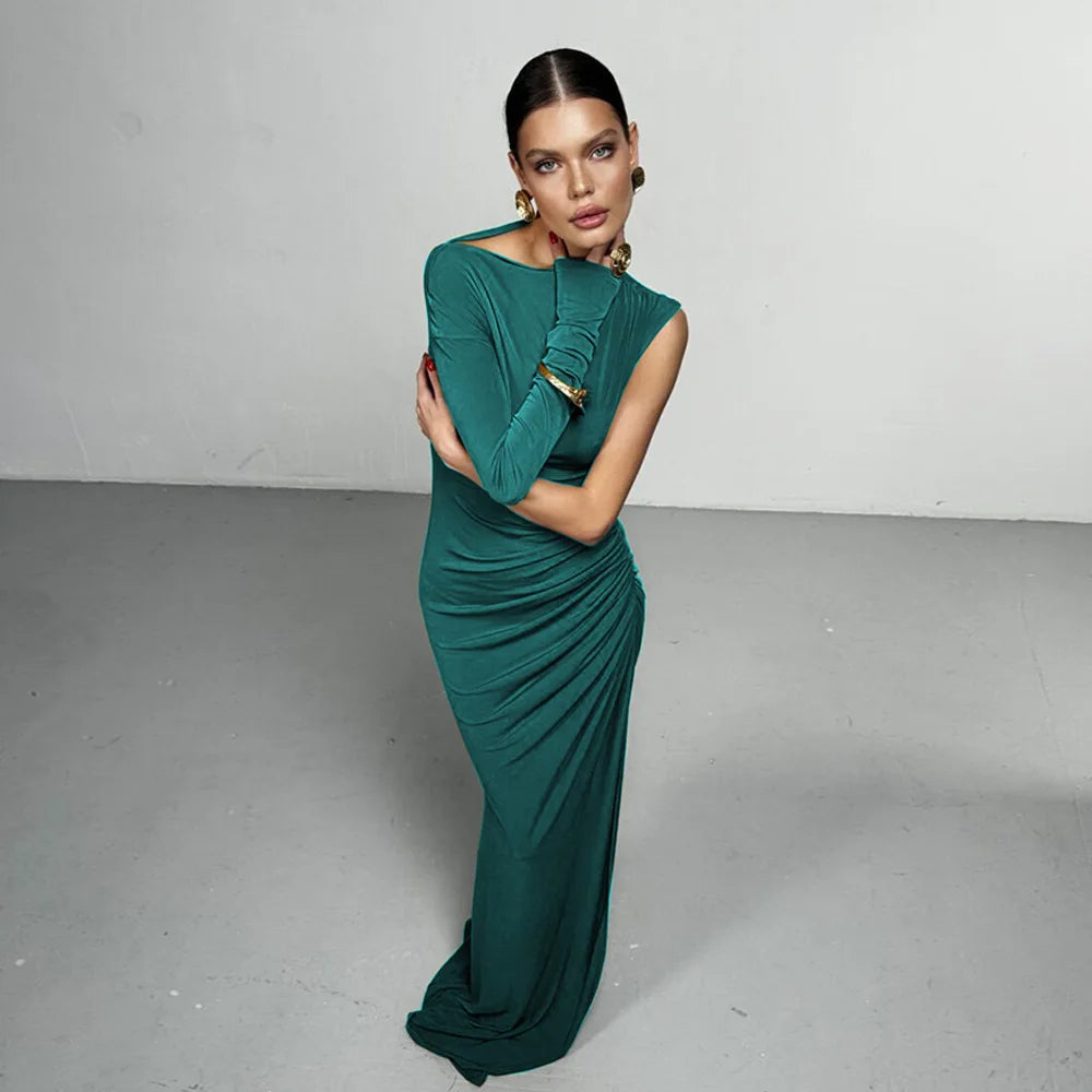 Articat Elegant Single Sleeve High Elasticity Tight Fold Dress Women New 2025 Winter Party Club Evening Dress Bodycon Vestdos