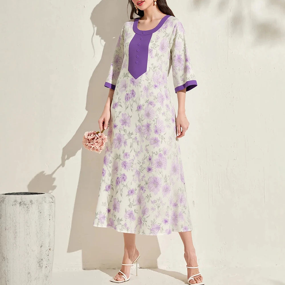 Rafiah Women's Summer Long Arabian Dress Traditional Contrast Color Floral Short Sleeve Round-Neck Single Breasted Midi Dress