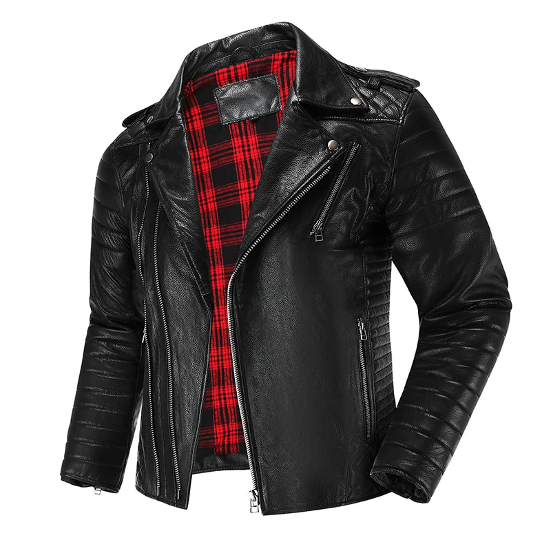 Men's First-Layer Cowhide Motorcycle Jacket – Slim Lapel Diagonal Zipper Flight Coat